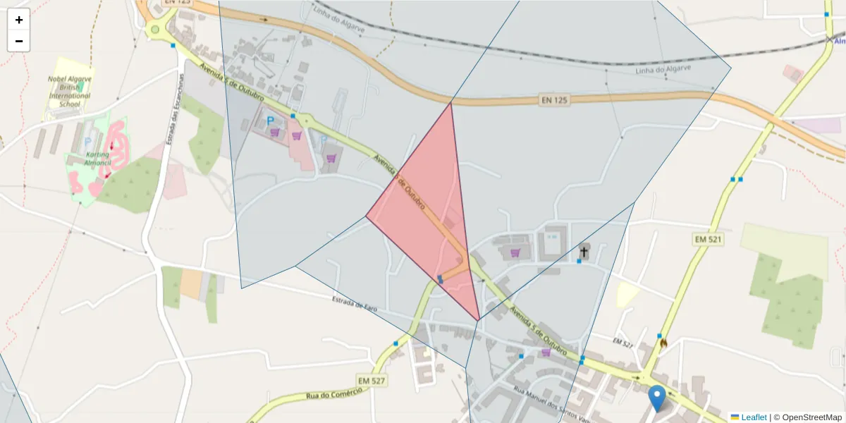 Mapa detalhado do código postal 8135-102 com limites, códigos postais vizinhos e agências dos correios