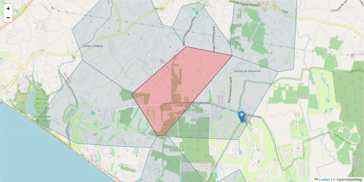 Mapa detalhado do código postal 8135-106 com limites, códigos postais vizinhos e agências dos correios