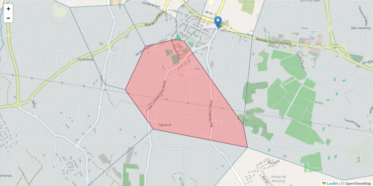 Mapa detalhado do código postal 8135-117 com limites, códigos postais vizinhos e agências dos correios