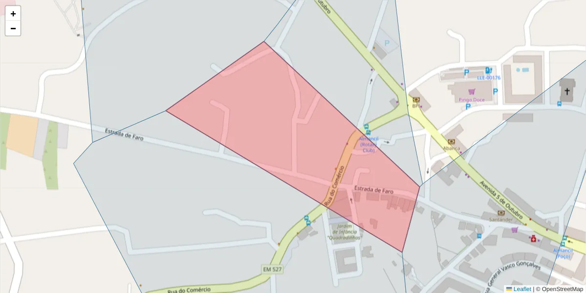 Mapa detalhado do código postal 8135-125 com limites, códigos postais vizinhos e agências dos correios