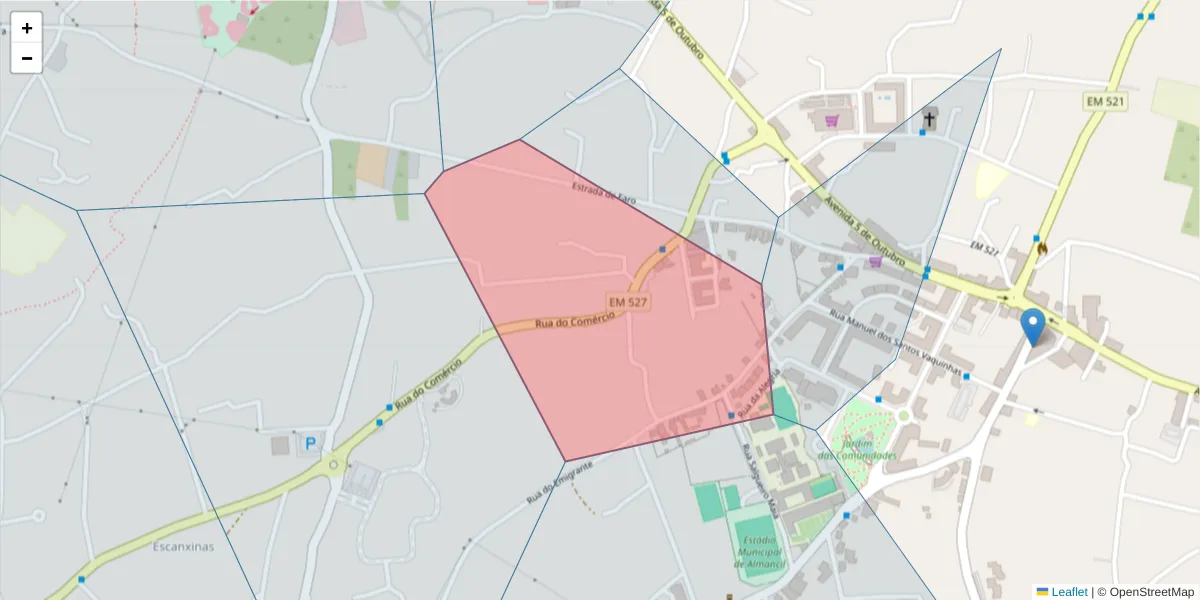 Mapa detalhado do código postal 8135-126 com limites, códigos postais vizinhos e agências dos correios