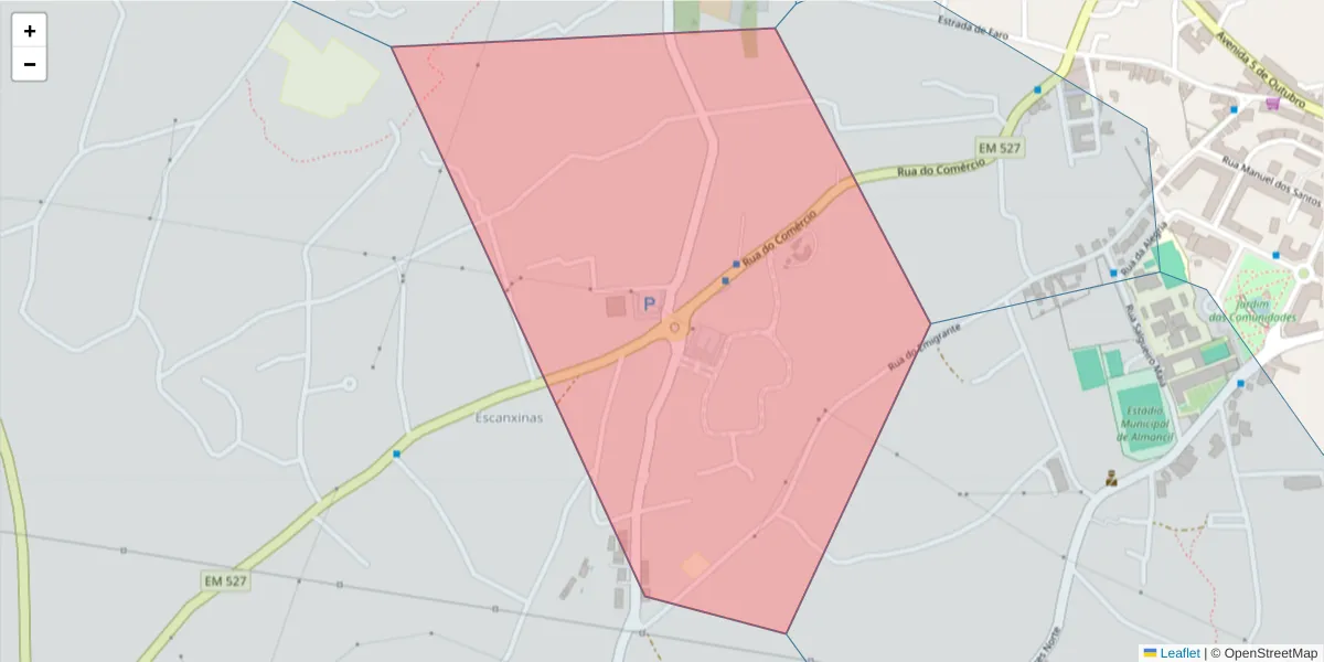 Mapa detalhado do código postal 8135-127 com limites, códigos postais vizinhos e agências dos correios