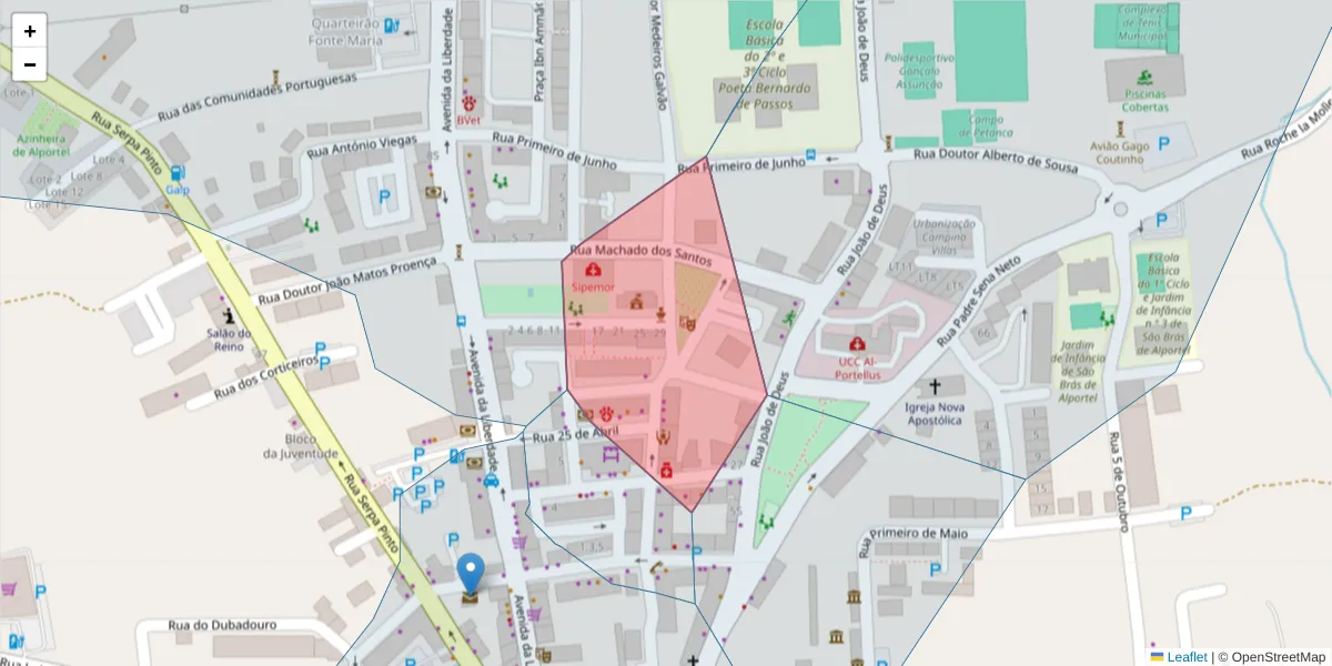 Mapa detalhado do código postal 8150-147 com limites, códigos postais vizinhos e agências dos correios