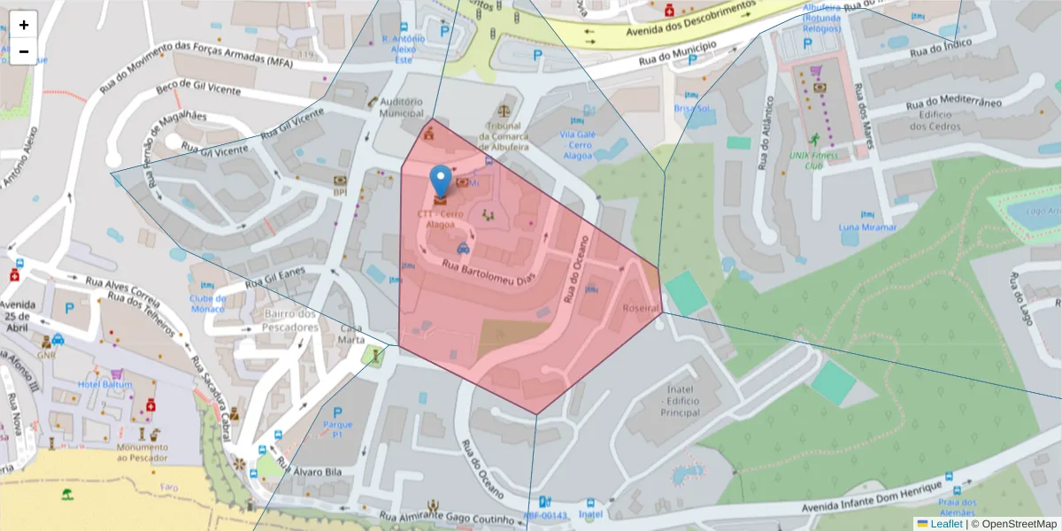 Mapa detalhado do código postal 8200-077 com limites, códigos postais vizinhos e agências dos correios