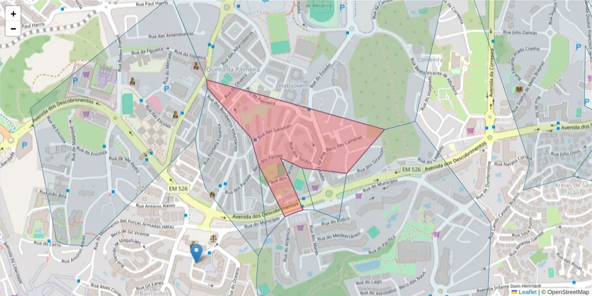 Mapa detalhado do código postal 8200-083 com limites, códigos postais vizinhos e agências dos correios