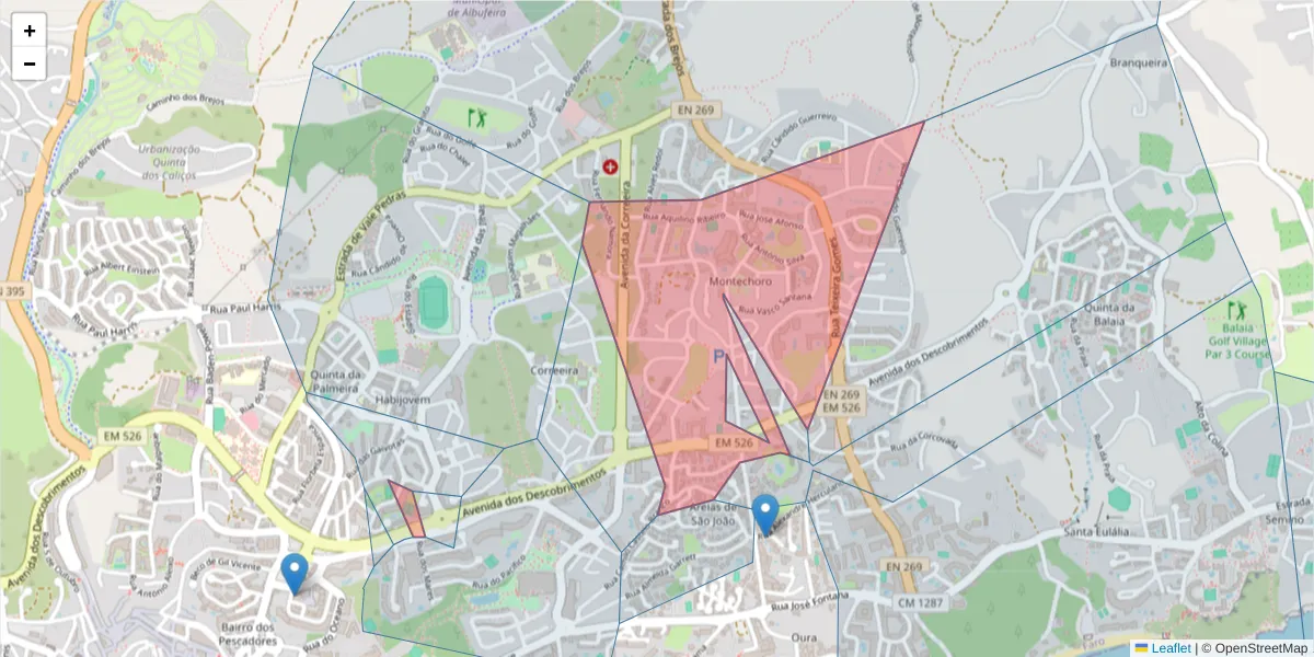 Mapa detalhado do código postal 8200-260 com limites, códigos postais vizinhos e agências dos correios