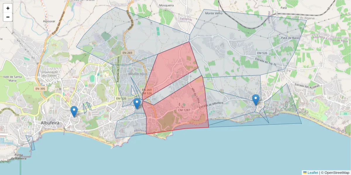 Mapa detalhado do código postal 8200-269 com limites, códigos postais vizinhos e agências dos correios