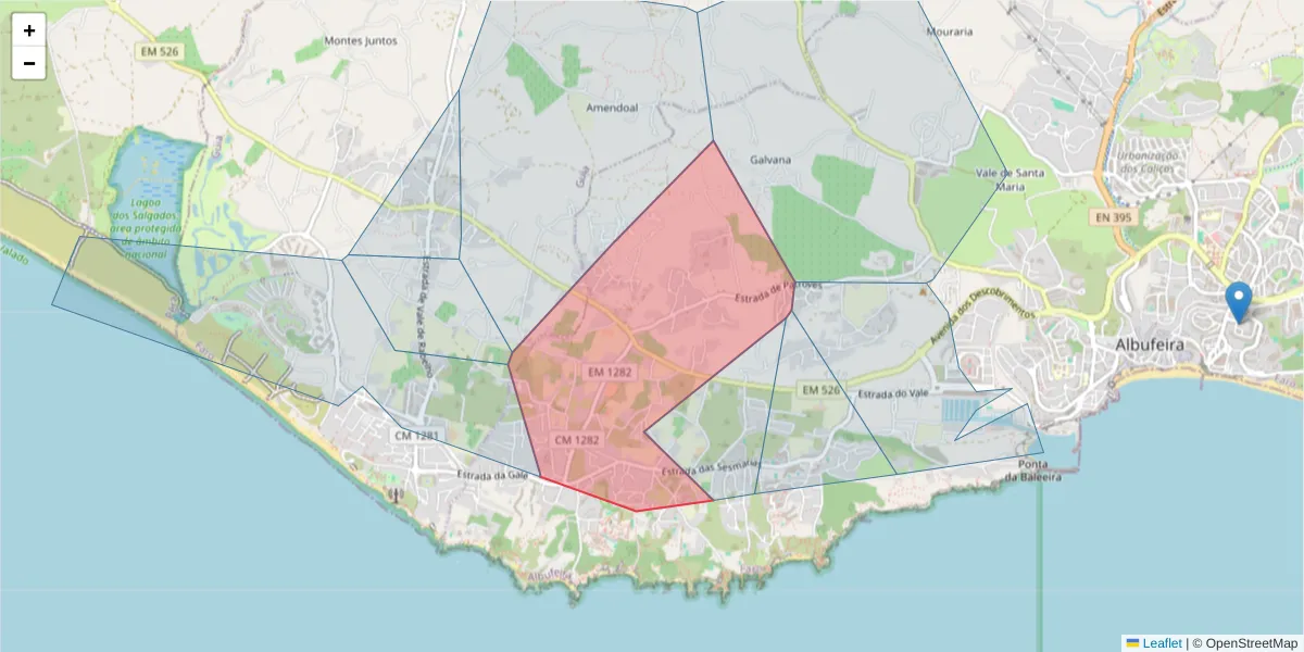 Mapa detalhado do código postal 8200-385 com limites, códigos postais vizinhos e agências dos correios