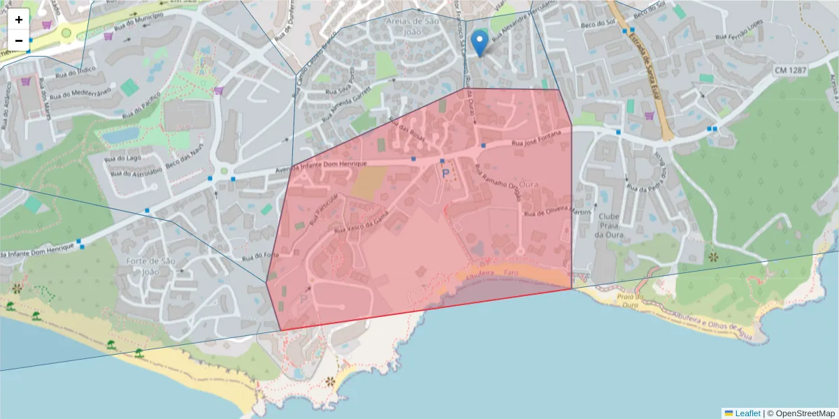 Mapa detalhado do código postal 8200-395 com limites, códigos postais vizinhos e agências dos correios