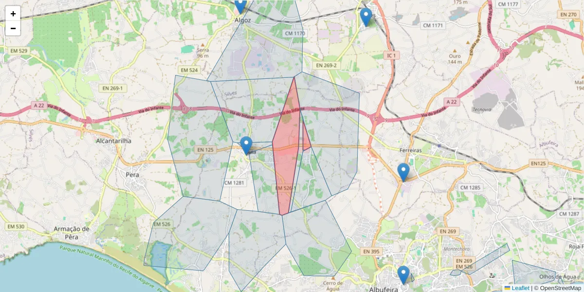 Mapa detalhado do código postal 8200-425 com limites, códigos postais vizinhos e agências dos correios