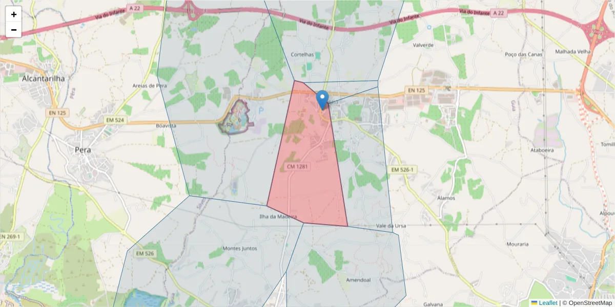 Mapa detalhado do código postal 8200-434 com limites, códigos postais vizinhos e agências dos correios