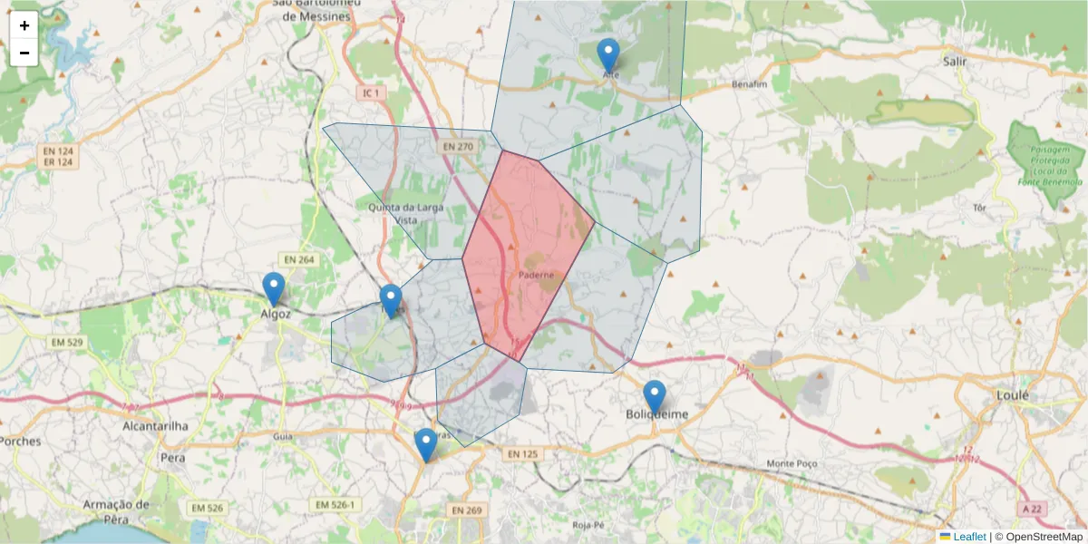 Mapa detalhado do código postal 8200-495 com limites, códigos postais vizinhos e agências dos correios