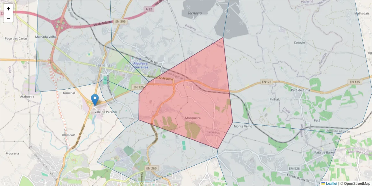 Mapa detalhado do código postal 8200-562 com limites, códigos postais vizinhos e agências dos correios