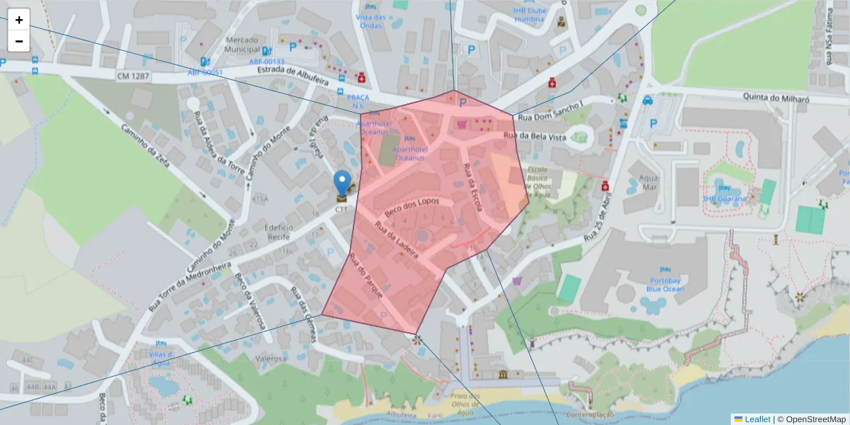 Mapa detalhado do código postal 8200-642 com limites, códigos postais vizinhos e agências dos correios