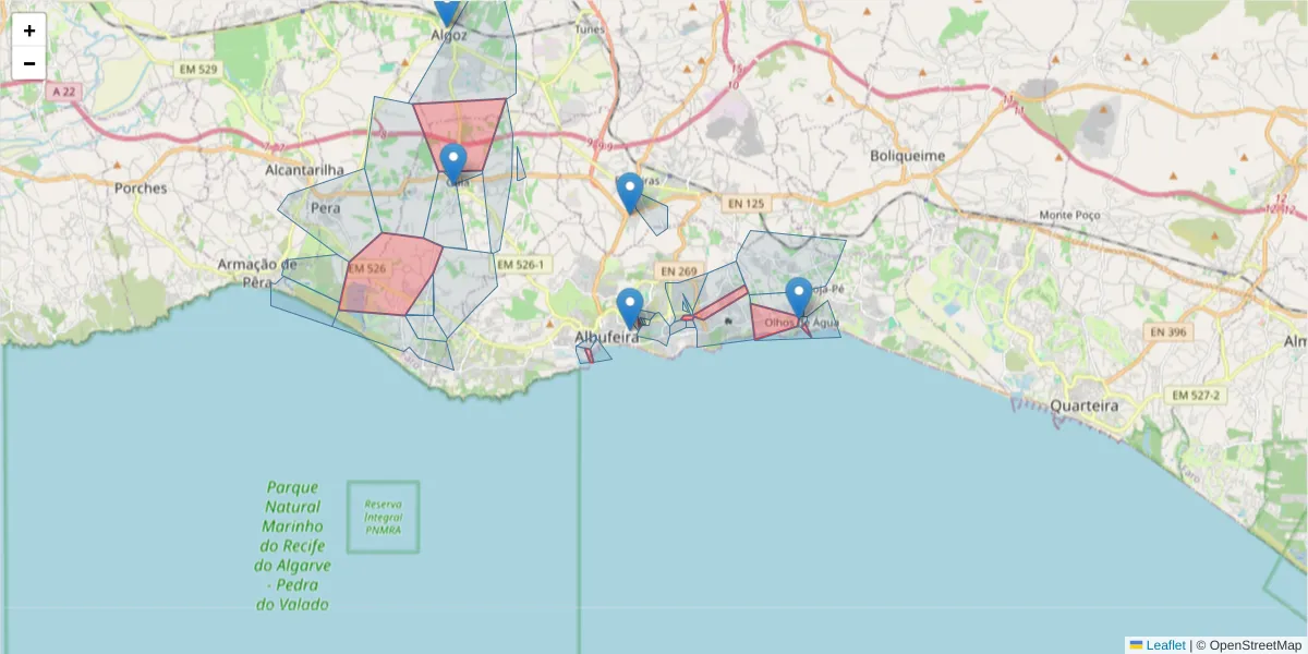Mapa detalhado do código postal 8200 com limites, códigos postais vizinhos e agências dos correios