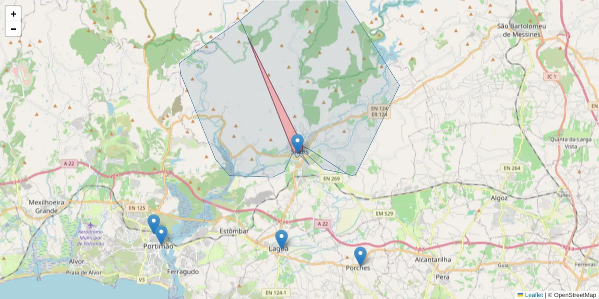 Mapa detalhado do código postal 8300-023 com limites, códigos postais vizinhos e agências dos correios