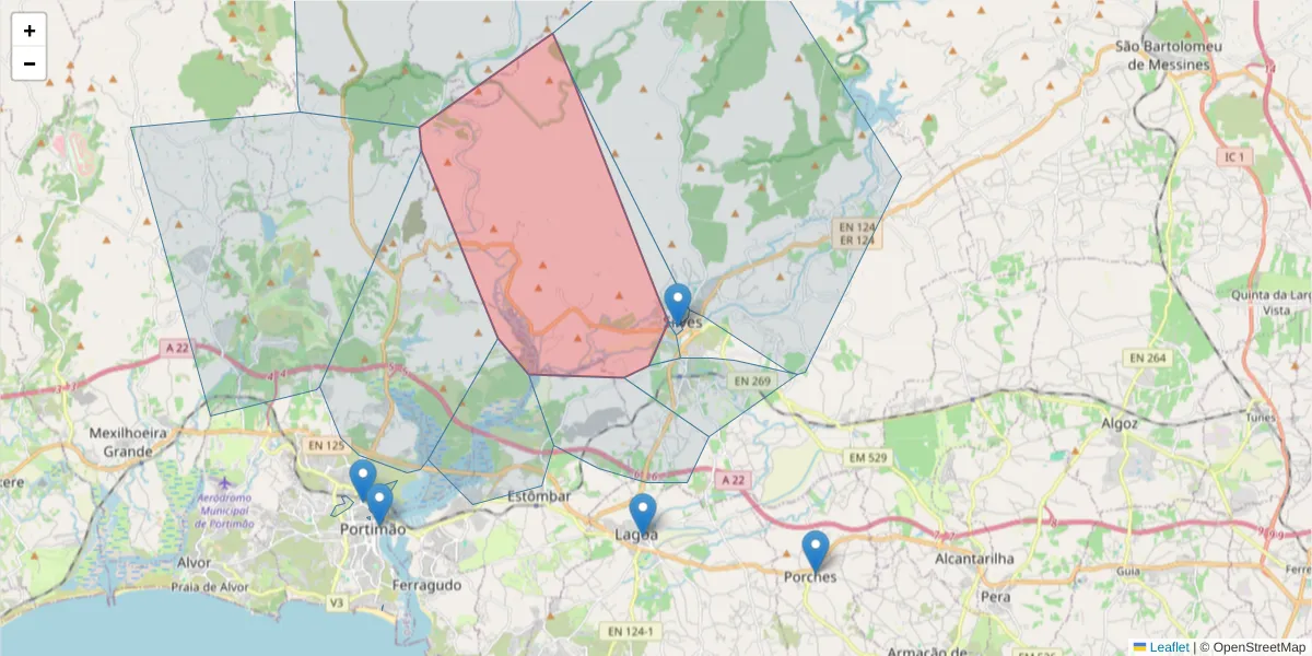 Mapa detalhado do código postal 8300-038 com limites, códigos postais vizinhos e agências dos correios