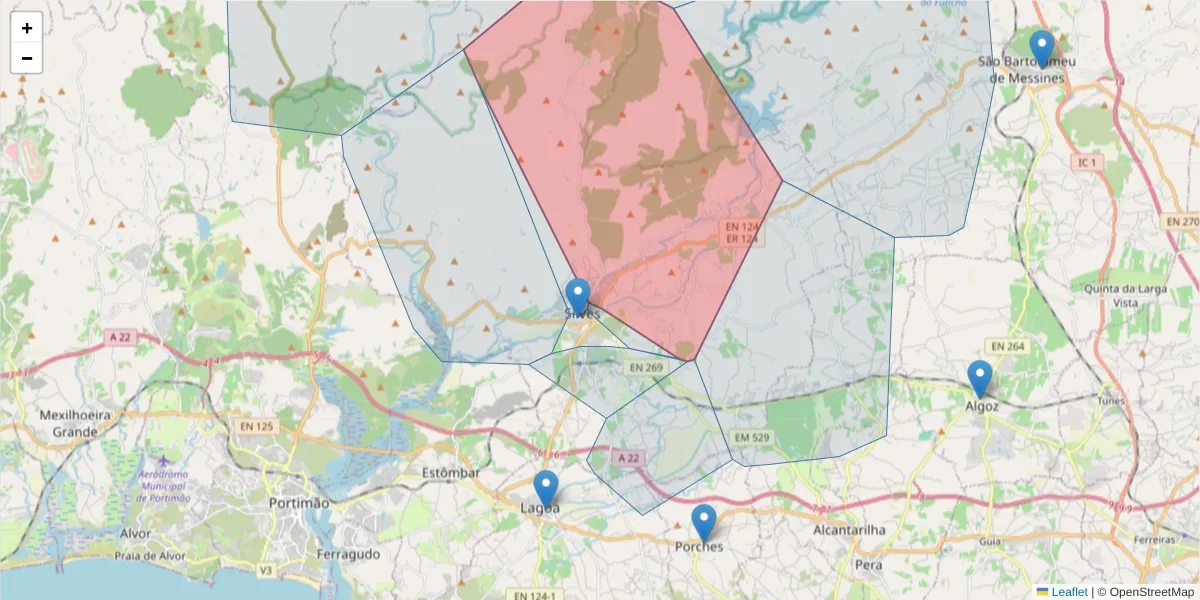 Mapa detalhado do código postal 8300-126 com limites, códigos postais vizinhos e agências dos correios