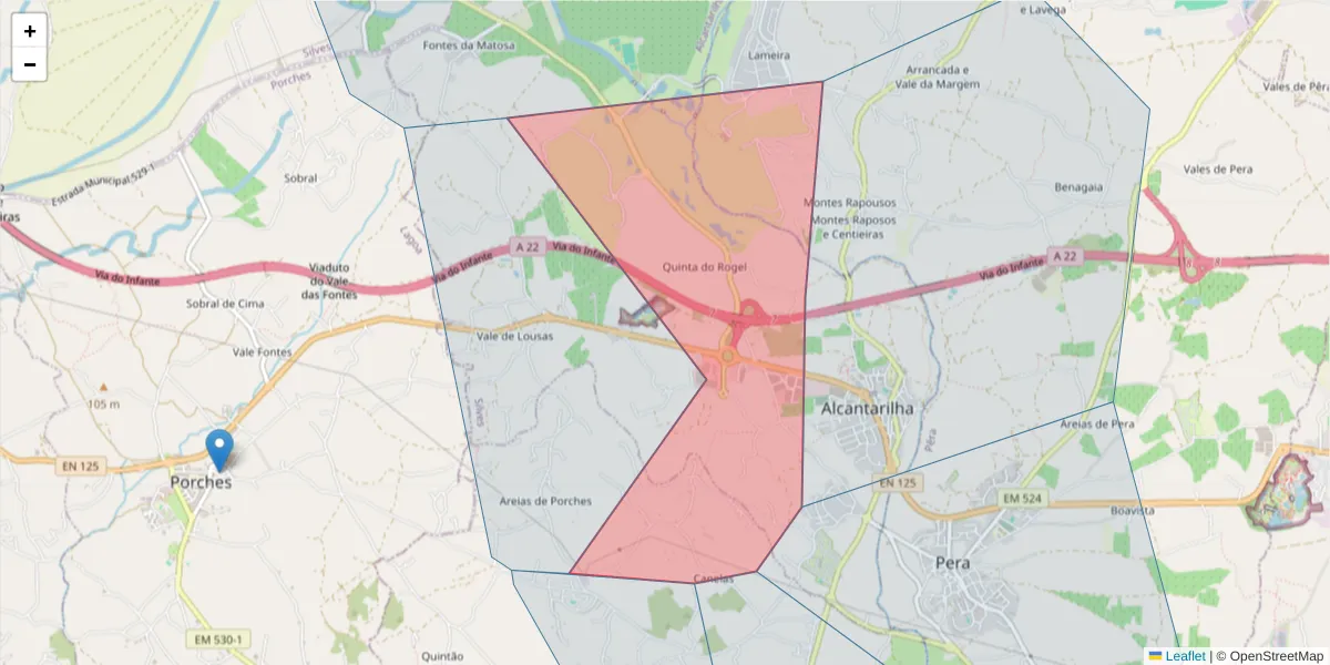 Mapa detalhado do código postal 8365-023 com limites, códigos postais vizinhos e agências dos correios
