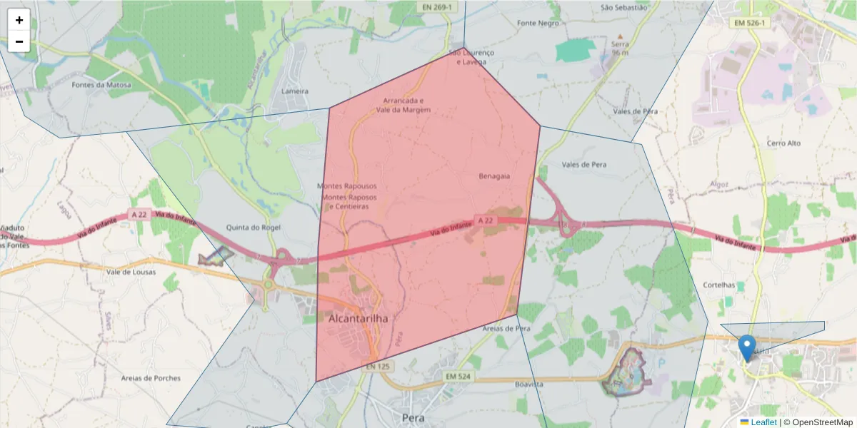 Mapa detalhado do código postal 8365-049 com limites, códigos postais vizinhos e agências dos correios