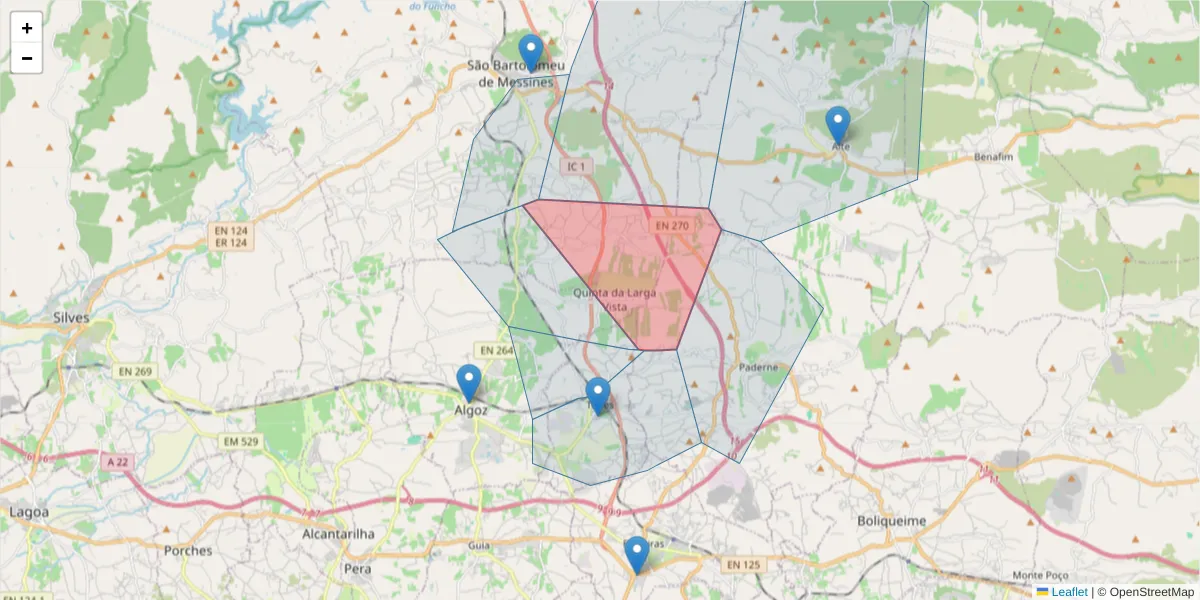 Mapa detalhado do código postal 8365-0981 com limites, códigos postais vizinhos e agências dos correios