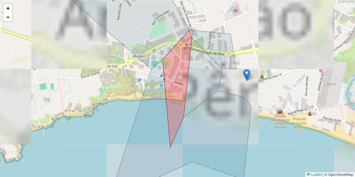 Mapa detalhado do código postal 8365-10 com limites, códigos postais vizinhos e agências dos correios
