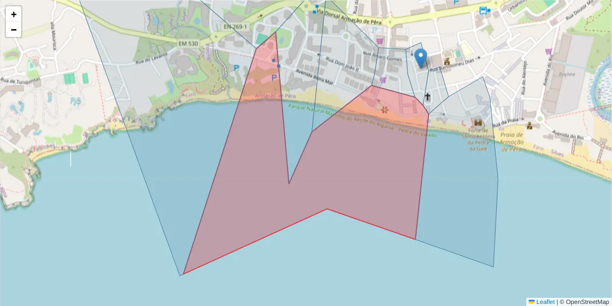 Mapa detalhado do código postal 8365-101 com limites, códigos postais vizinhos e agências dos correios