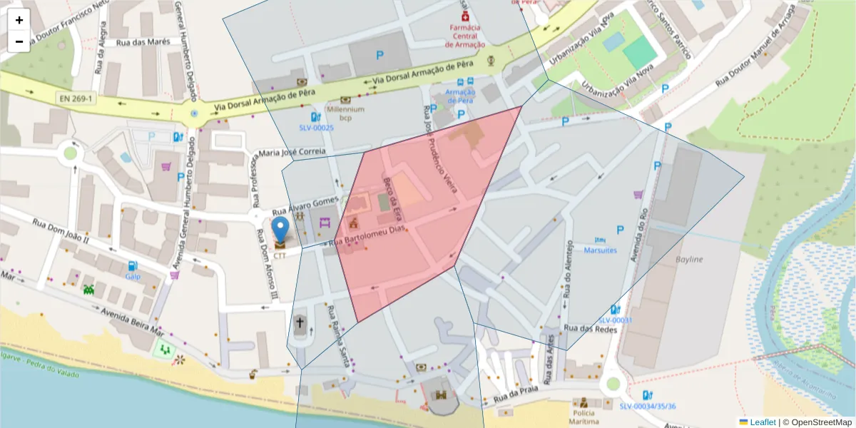 Mapa detalhado do código postal 8365-112 com limites, códigos postais vizinhos e agências dos correios