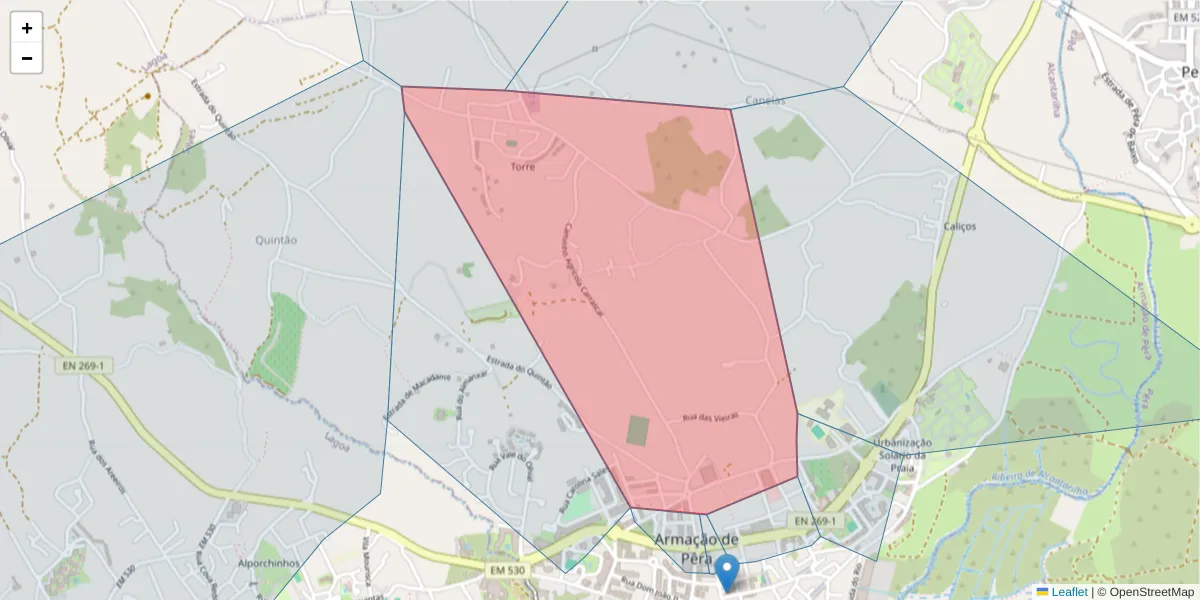 Mapa detalhado do código postal 8365-138 com limites, códigos postais vizinhos e agências dos correios