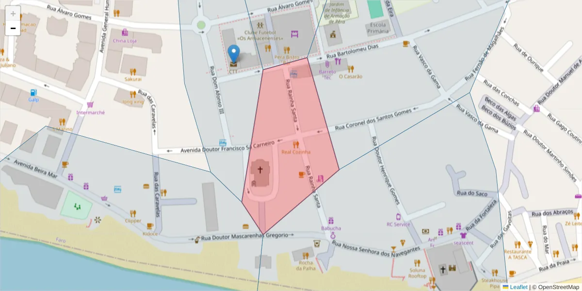 Mapa detalhado do código postal 8365-146 com limites, códigos postais vizinhos e agências dos correios