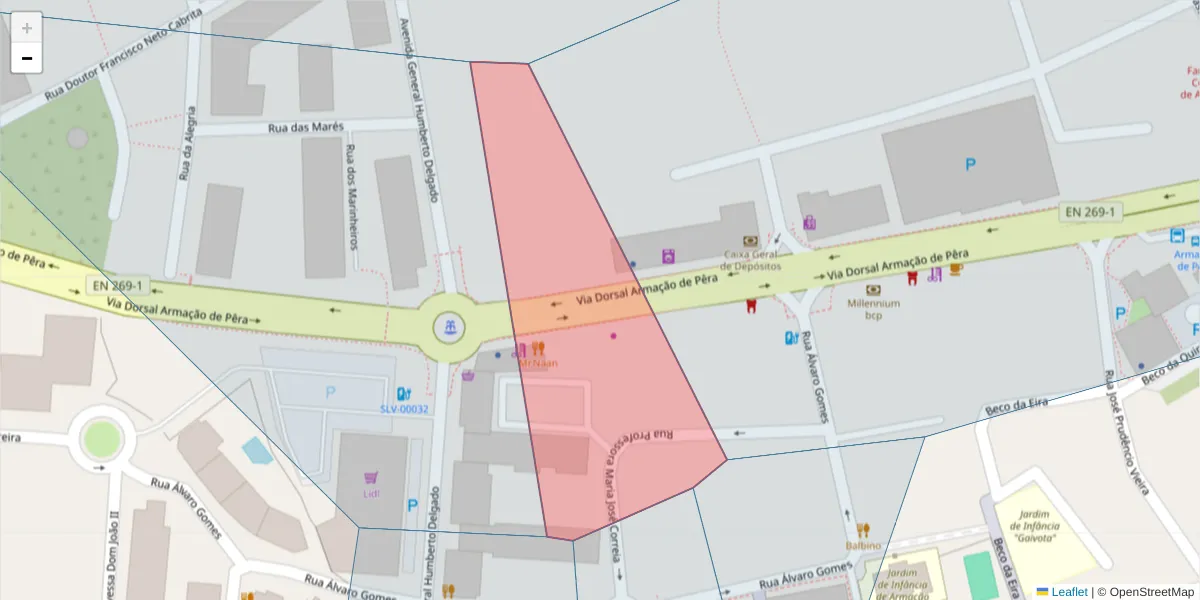Mapa detalhado do código postal 8365-181 com limites, códigos postais vizinhos e agências dos correios