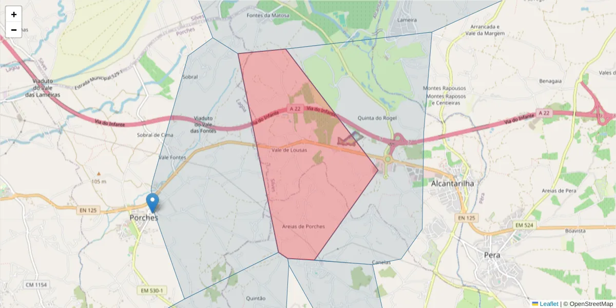 Mapa detalhado do código postal 8365-307 com limites, códigos postais vizinhos e agências dos correios