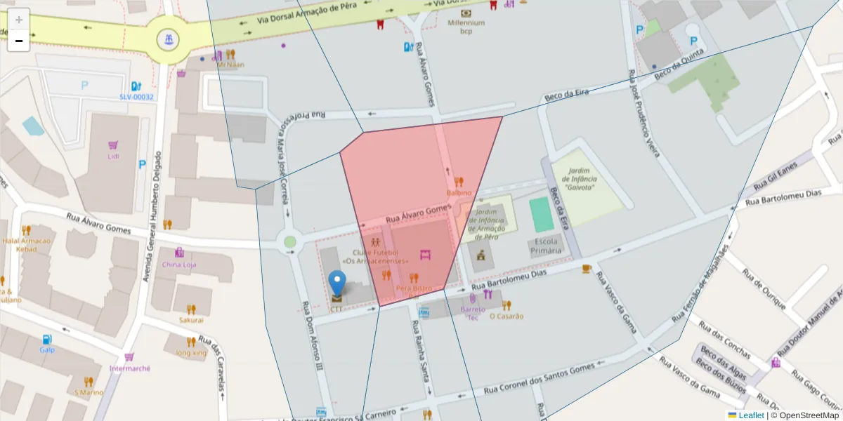 Mapa detalhado do código postal 8365 com limites, códigos postais vizinhos e agências dos correios