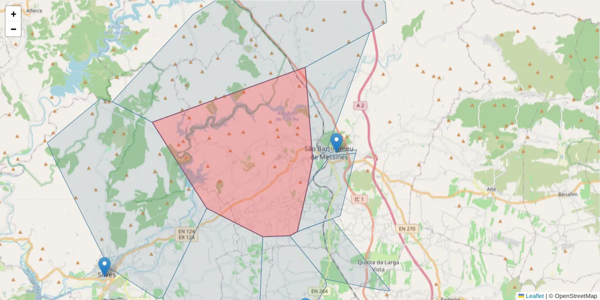 Mapa detalhado do código postal 8375-000 com limites, códigos postais vizinhos e agências dos correios