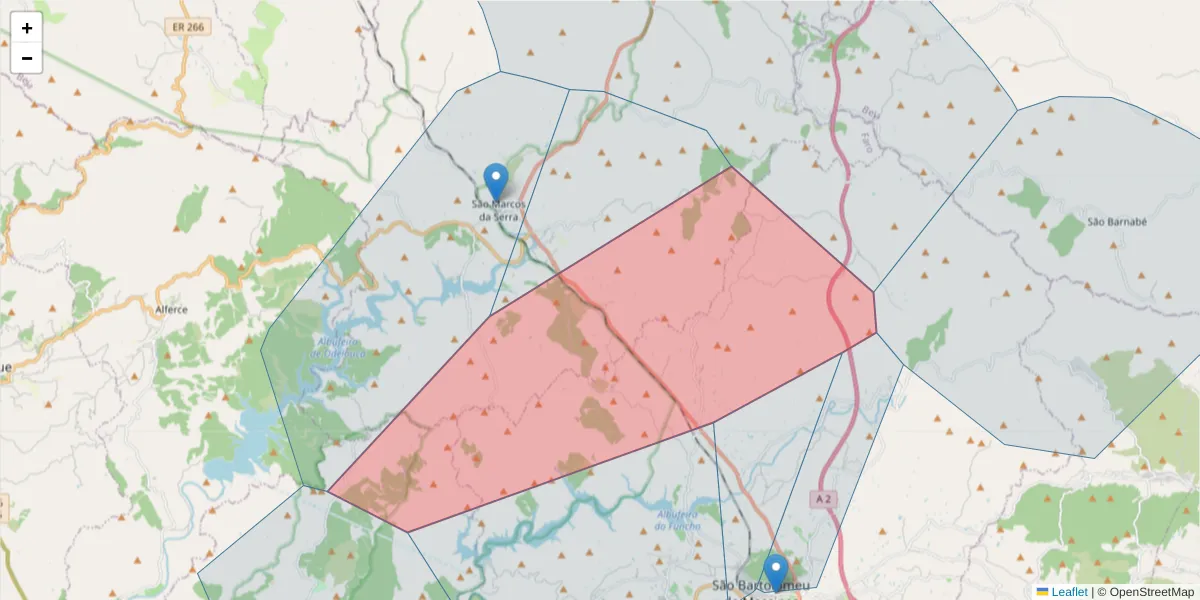 Mapa detalhado do código postal 8375-215 com limites, códigos postais vizinhos e agências dos correios