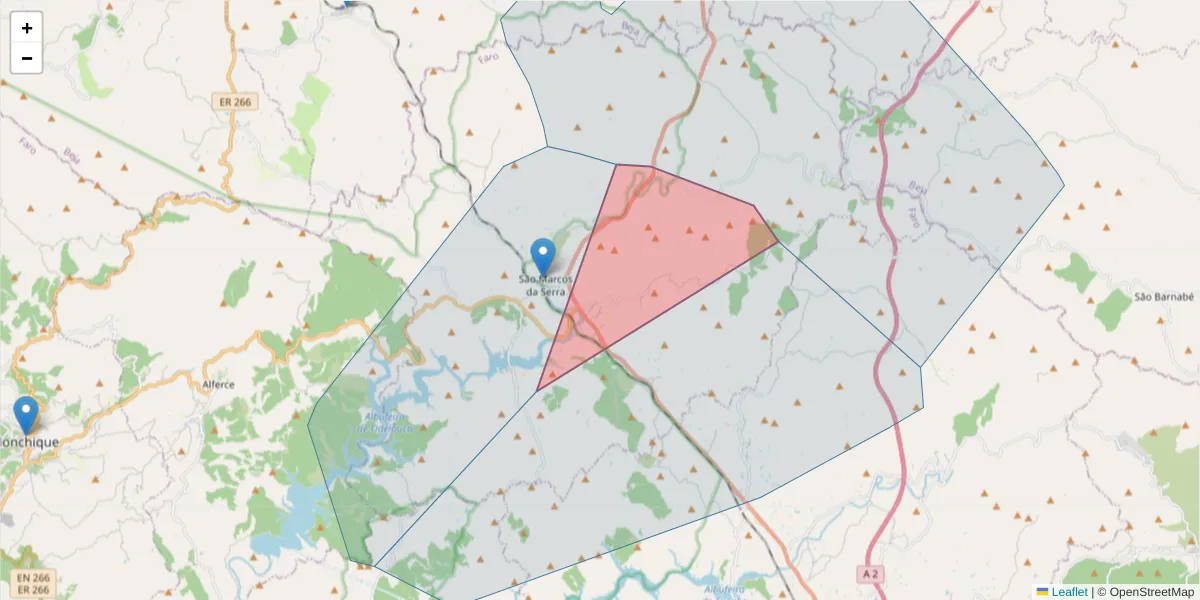 Mapa detalhado do código postal 8375 com limites, códigos postais vizinhos e agências dos correios
