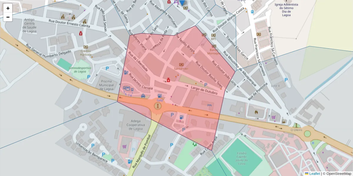 Mapa detalhado do código postal 8400-343 com limites, códigos postais vizinhos e agências dos correios