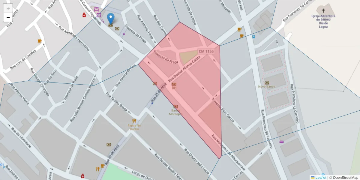 Mapa detalhado do código postal 8400-384 Lagoa com limites, códigos postais vizinhos e agências dos correios