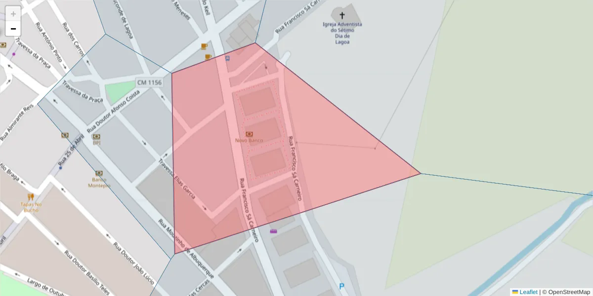 Mapa detalhado do código postal 8400-386 com limites, códigos postais vizinhos e agências dos correios