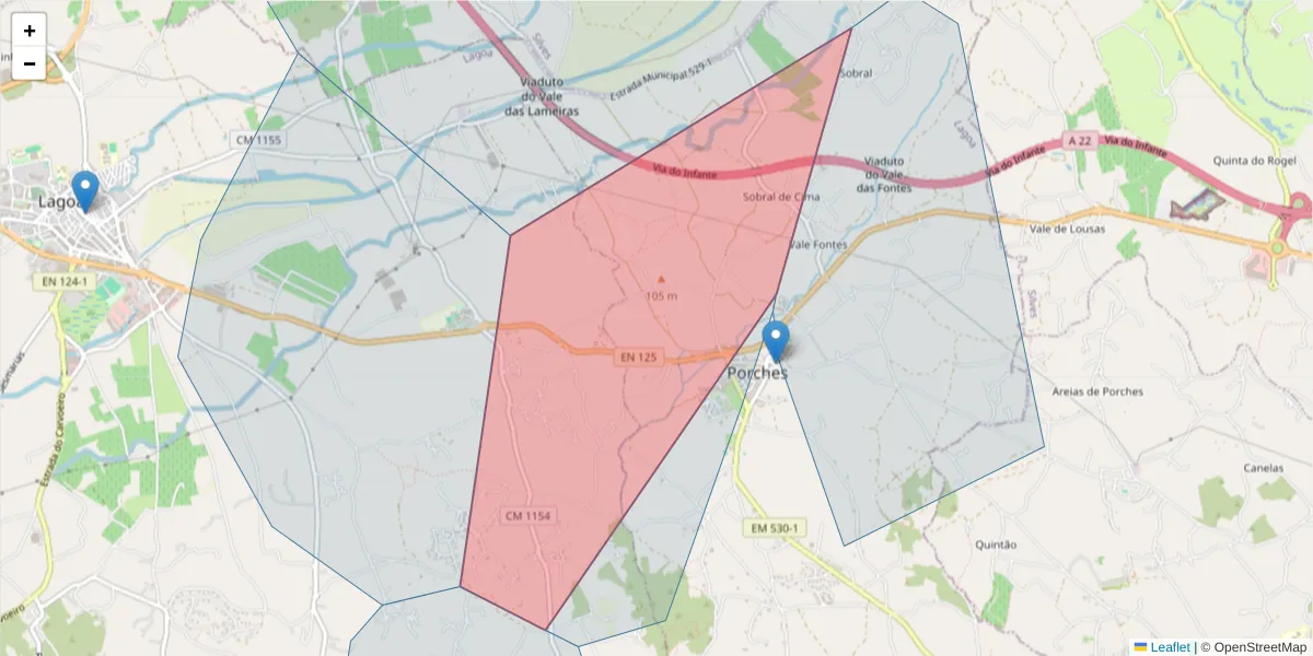 Mapa detalhado do código postal 8400-489 com limites, códigos postais vizinhos e agências dos correios