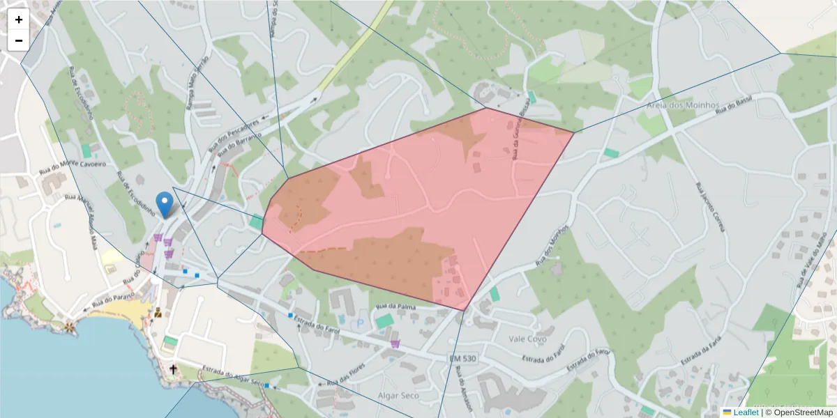 Mapa detalhado do código postal 8400-500 com limites, códigos postais vizinhos e agências dos correios