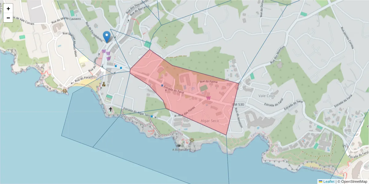 Mapa detalhado do código postal 8400-505 com limites, códigos postais vizinhos e agências dos correios