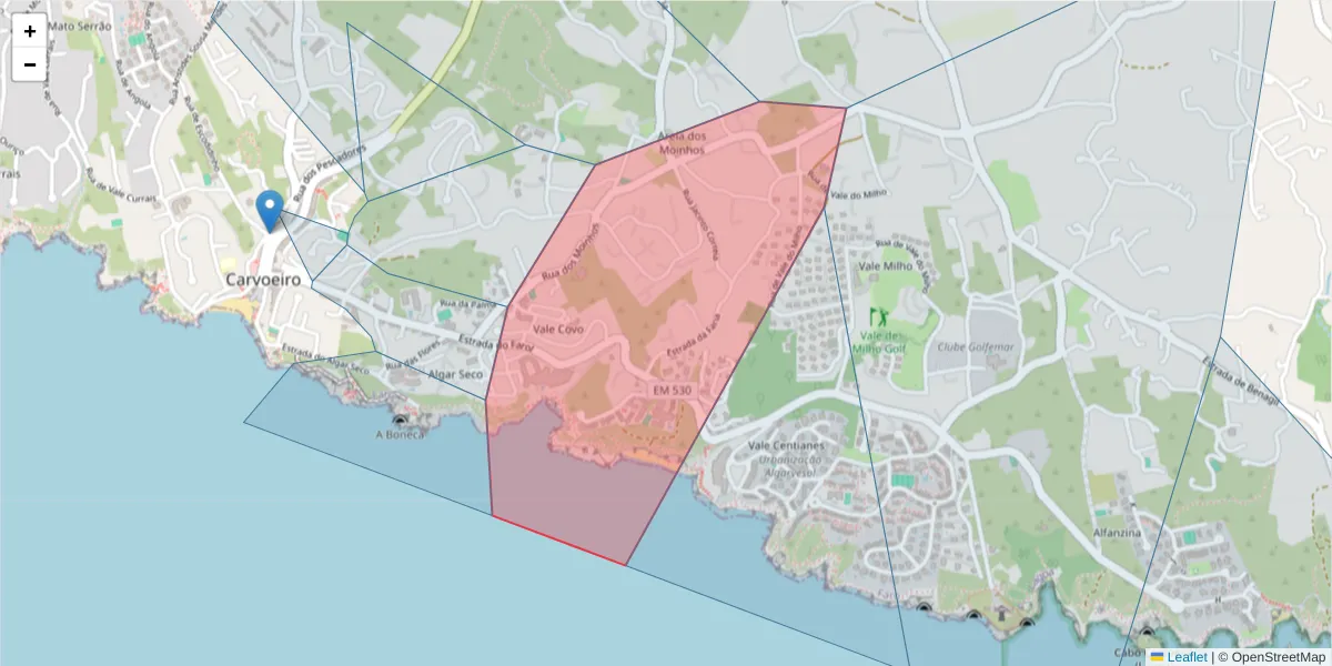 Mapa detalhado do código postal 8400-526 com limites, códigos postais vizinhos e agências dos correios