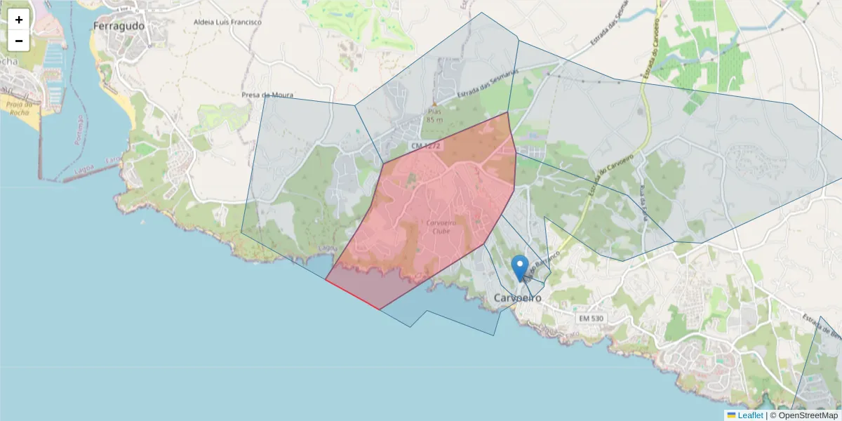 Mapa detalhado do código postal 8400-556 com limites, códigos postais vizinhos e agências dos correios