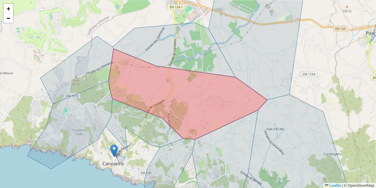 Mapa detalhado do código postal 8400-557 com limites, códigos postais vizinhos e agências dos correios