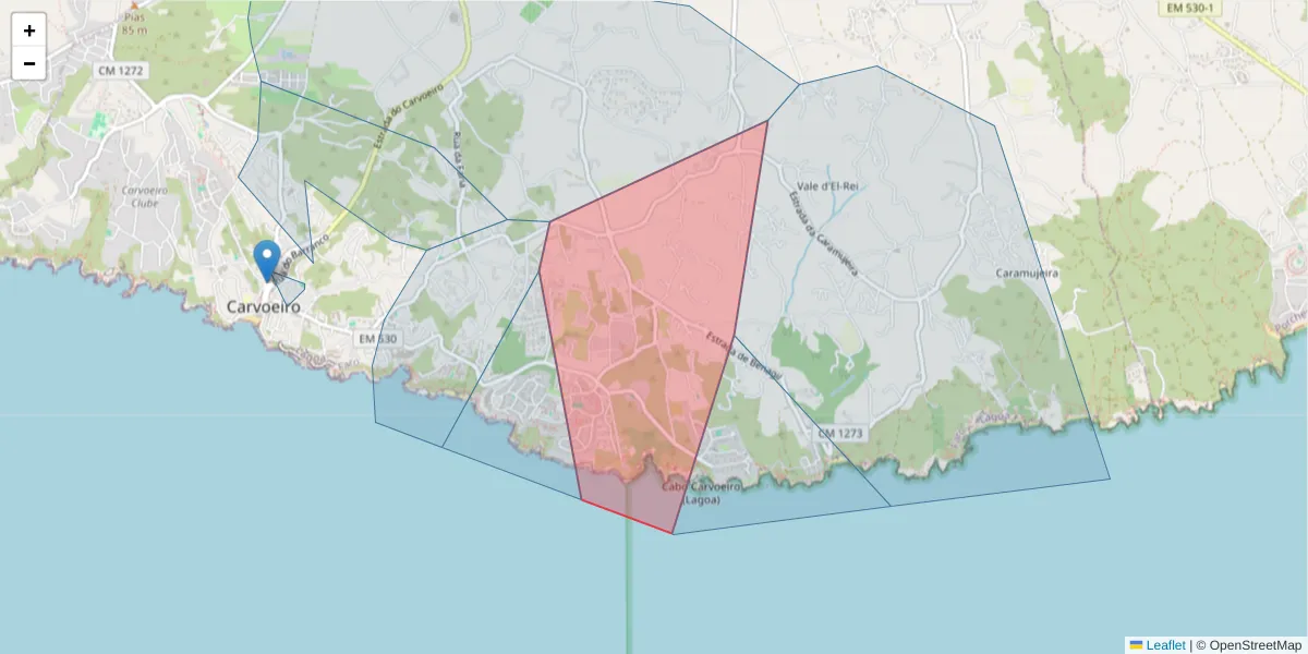 Mapa detalhado do código postal 8400-568 com limites, códigos postais vizinhos e agências dos correios