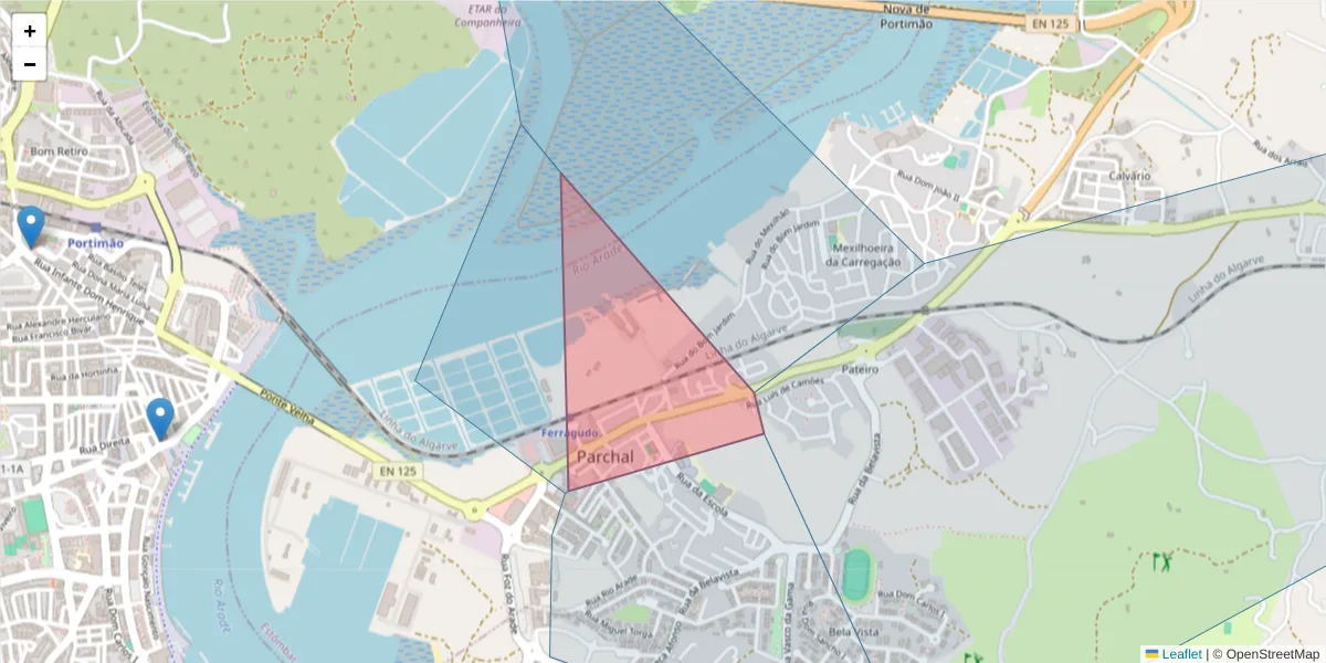 Mapa detalhado do código postal 8400-612 com limites, códigos postais vizinhos e agências dos correios