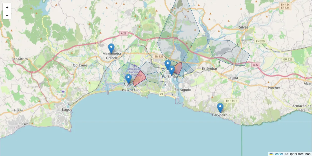 Mapa detalhado do código postal 8500-001 com limites, códigos postais vizinhos e agências dos correios