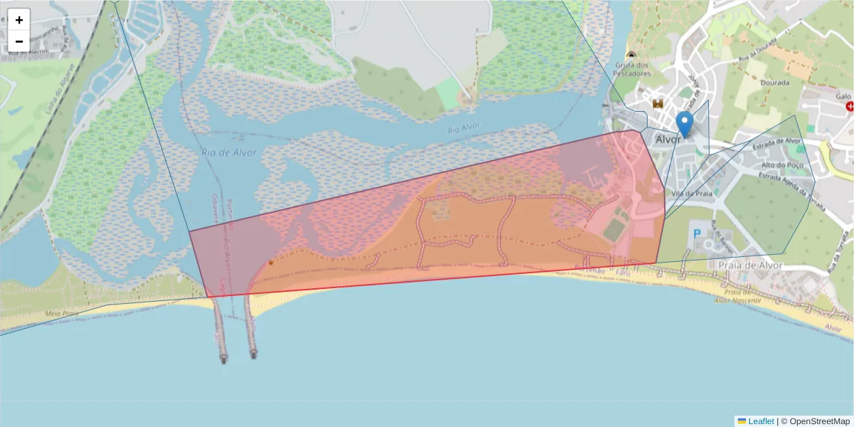 Mapa detalhado do código postal 8500-009 com limites, códigos postais vizinhos e agências dos correios