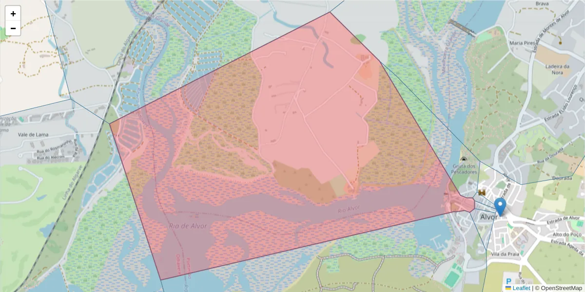 Mapa detalhado do código postal 8500-018 com limites, códigos postais vizinhos e agências dos correios